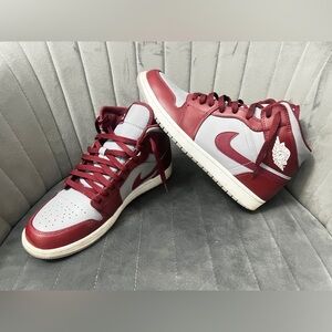 Air Jordan 1 Mid Athletic Shoes - Cherrywood Red and Gray
